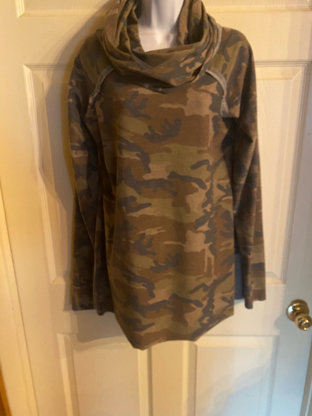 Cowl Neck Camo Print Women's top Olive/Tan